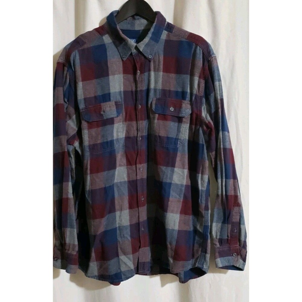 George Men's XL Plaid Button Up Shirt Red Blue Gray Long Sleeve 100% Cotton